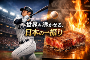 WBCで活躍する侍ジャパンのスイングと鉄板で焼かれる神戸牛ステーキの対比イメージ