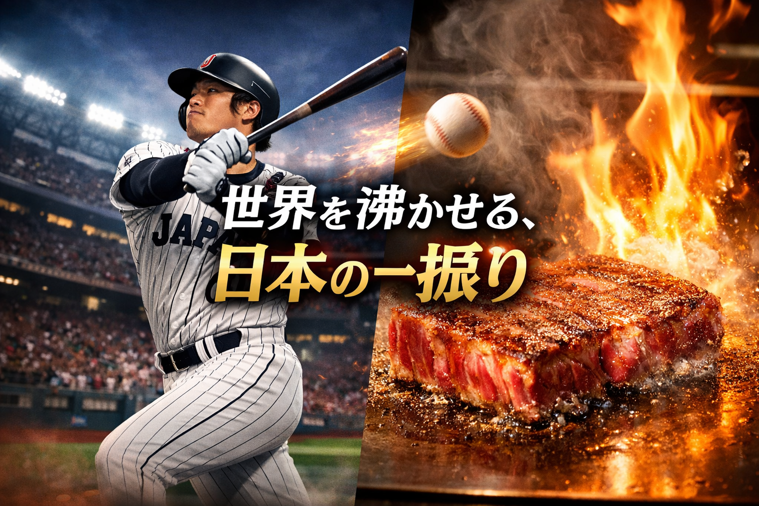 WBCで活躍する侍ジャパンのスイングと鉄板で焼かれる神戸牛ステーキの対比イメージ