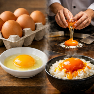 卵の価格差と飼育環境の違いを説明するイメージ 平飼い卵と一般卵の黄身の色の違い 卵かけご飯に使う濃厚卵のイメージ 料理人が卵の品質の違いを解説する写真 鉄板料理と新鮮卵の食材イメージ