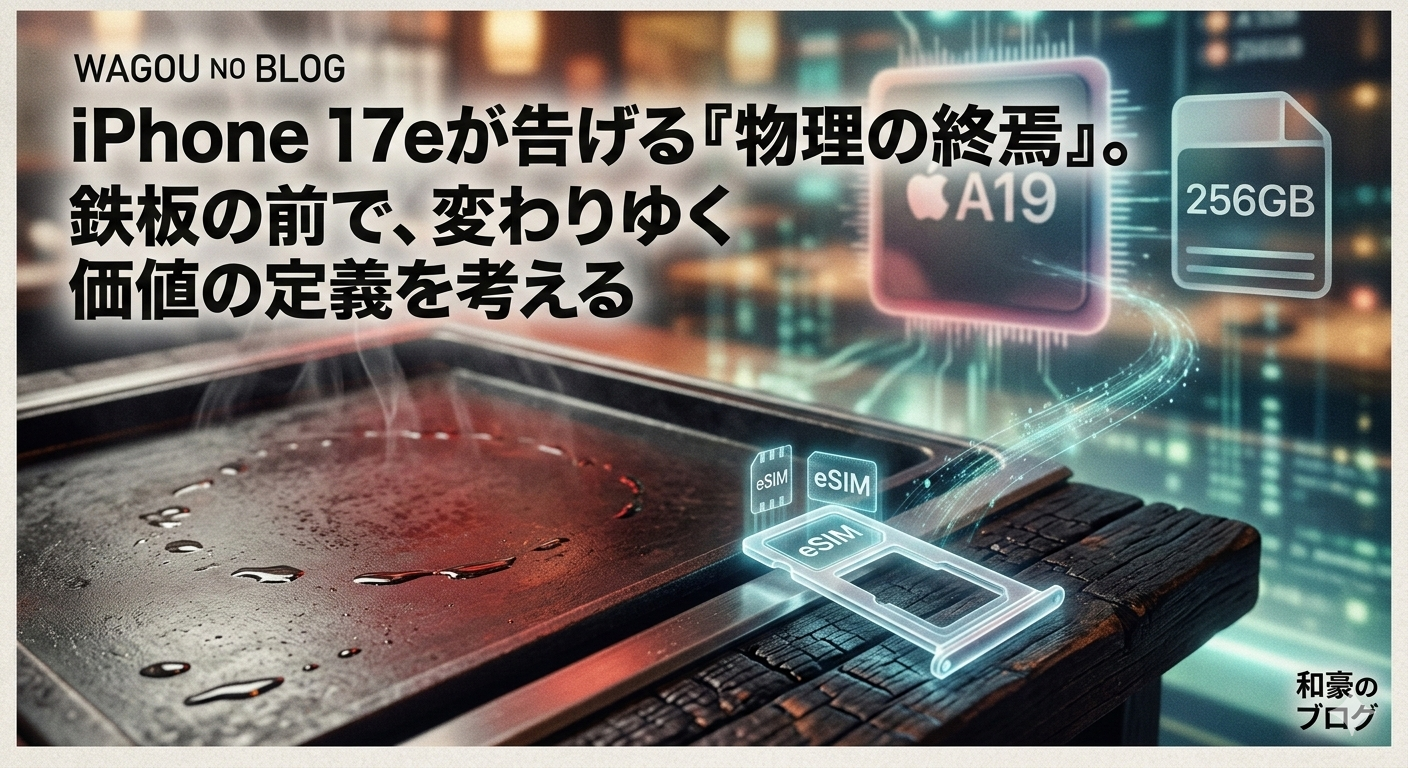 鉄板焼きの熱い鉄板の傍らに、iPhoneのSIMトレイとeSIMのデジタルな光が浮かぶイメージ画像。背景には最新のA19チップと256GBのアイコンが描かれ、「iPhone 17eが告げる『物理の終焉』。鉄板の前で、変わりゆく価値の定義を考える」というブログ記事のタイトルが入っている。