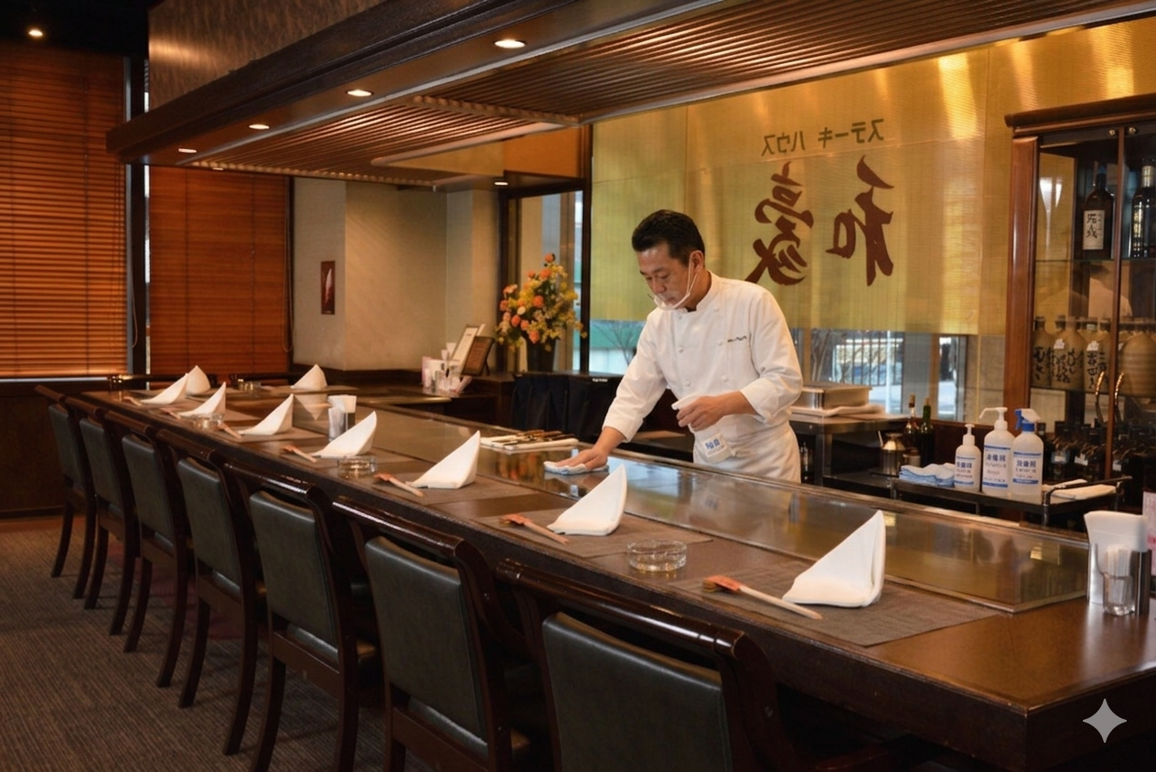 西梅田の鉄板焼「和豪」にて、食中毒対策としてカウンターの鉄板を念入りにアルコール消毒するシェフの様子。プロの徹底した衛生管理。