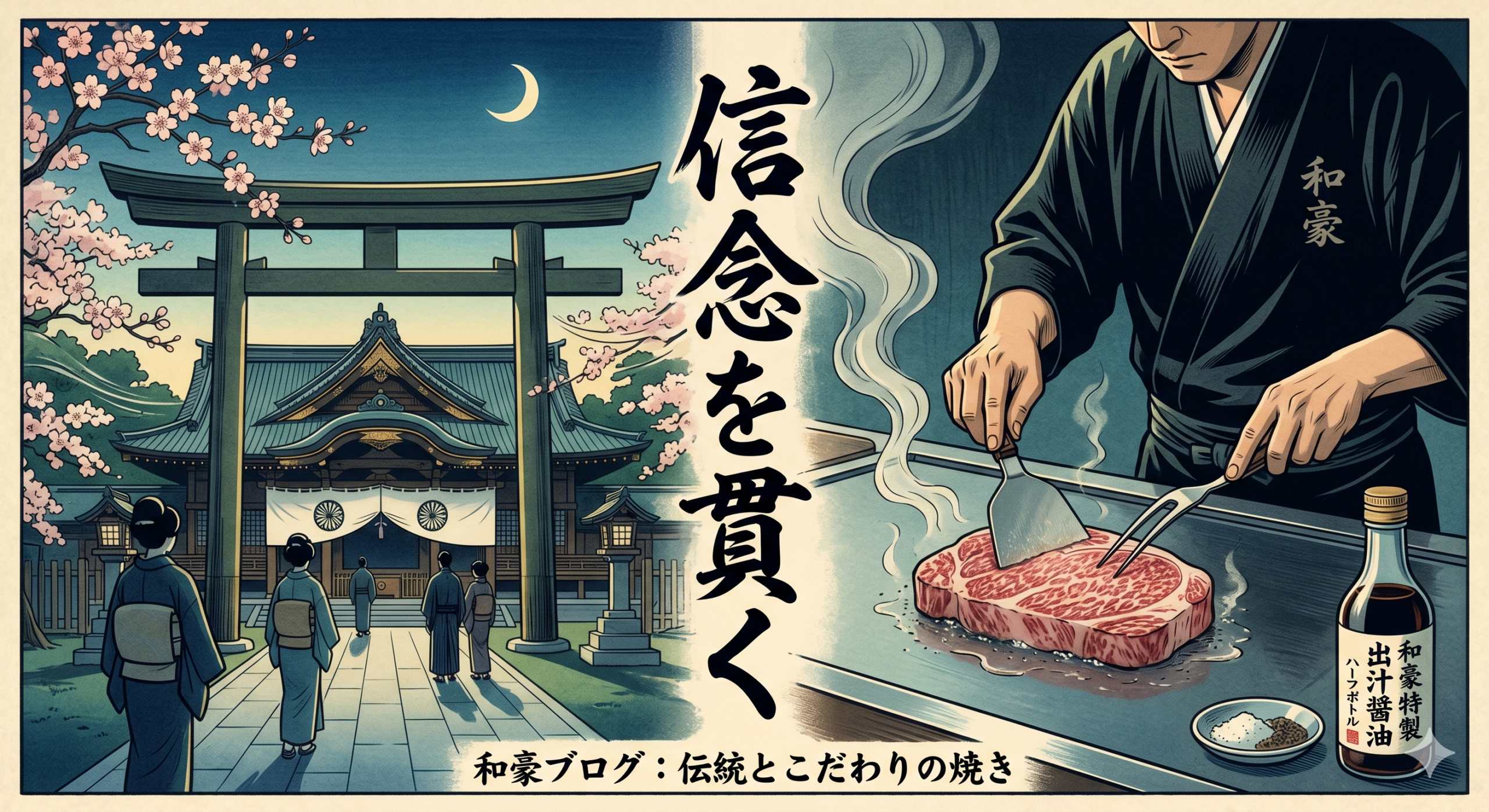 靖国神社の静かな風景と、和豪のシェフがステーキを丁寧に焼き上げる様子を対比させた画像。中央には「信念を貫く」という筆文字があり、右下にはハーフボトルに入った自家製出汁醤油が置かれている。伝統への敬意と料理へのこだわりを表現したブログ用アイキャッチ。