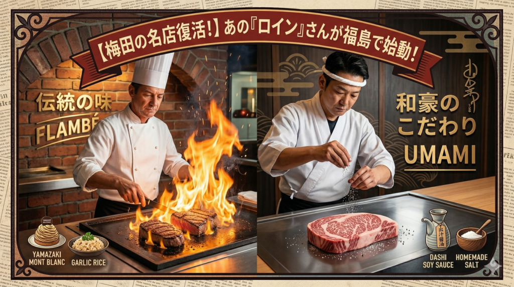 左右に分割された実写風のアイキャッチ画像。左側は「伝統の味」として、コック帽のシェフがレンガ背景の鉄板でステーキにフランベ（大きな炎）をしている。右側は「和豪のこだわり」として、鉢巻の和食料理人がステンレス鉄板のサシ入り肉に塩を振っている。上部に「【梅田の名店復活！】あの『ロイン』さんが福島で始動！」の文字。