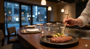 和豪の落ち着いたカウンターに、丁寧に焼かれた厚切りステーキと出汁醤油の小瓶が置かれ、料理人が箸で仕上げを行う、西梅田の夜を感じさせる静かなレストランの風景。