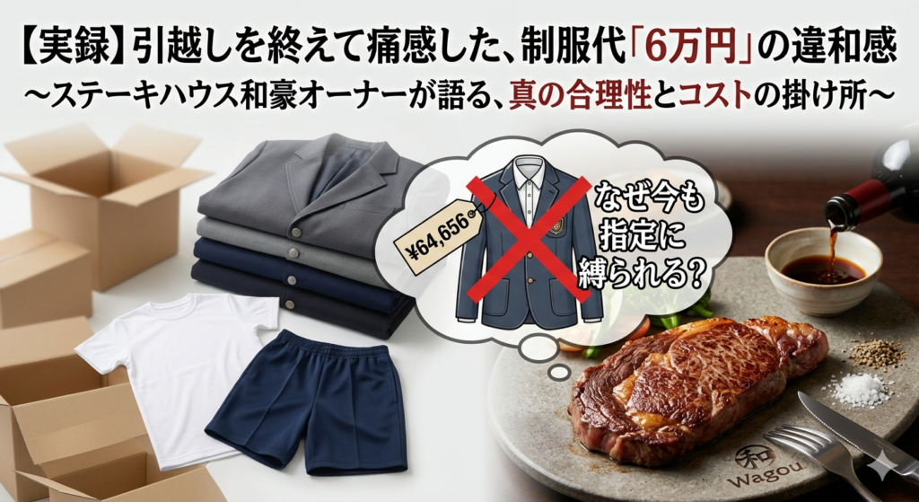 左側には引越しの段ボールと「64,656円」の値札がついた指定制服、柔道着、体操服が並び、不条理な指定品を表現。右側には和豪のロゴ入りプレートに乗った熟成肉のステーキ、自家製塩コショウ、ワインボトルに入った出汁醤油が配置され、本質への投資を強調する比較画像。