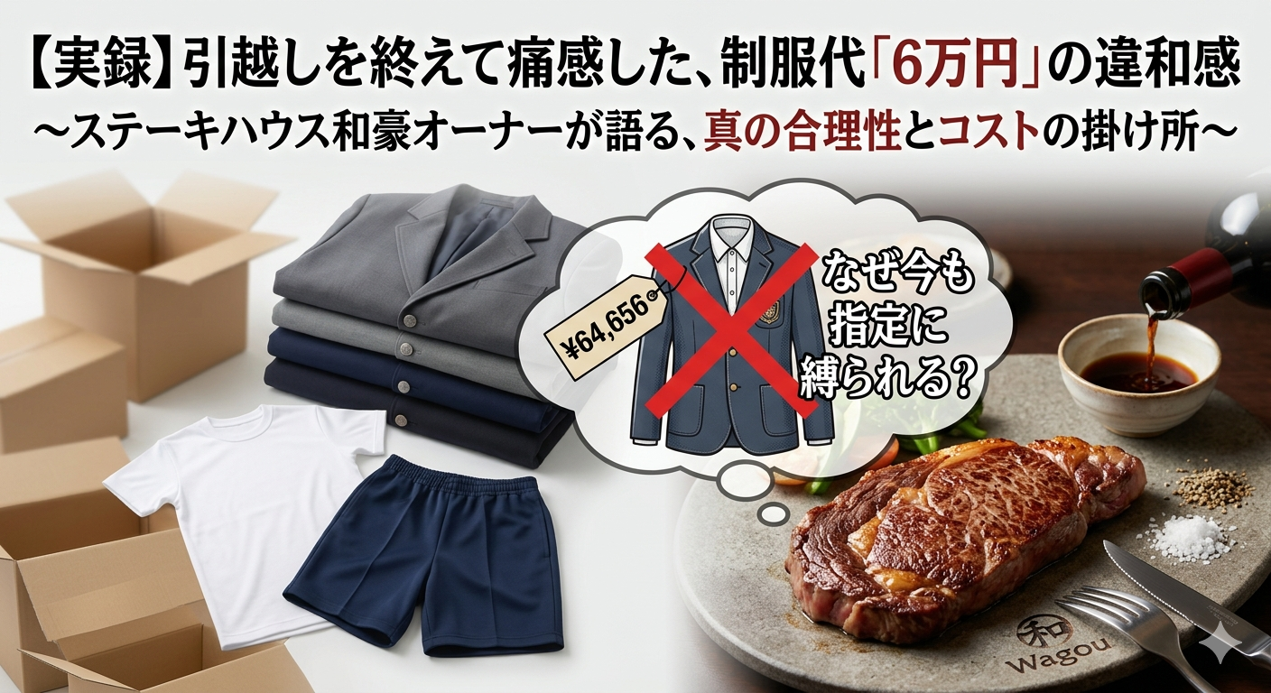 左側には引越しの段ボールと「64,656円」の値札がついた指定制服、柔道着、体操服が並び、不条理な指定品を表現。右側には和豪のロゴ入りプレートに乗った熟成肉のステーキ、自家製塩コショウ、ワインボトルに入った出汁醤油が配置され、本質への投資を強調する比較画像。