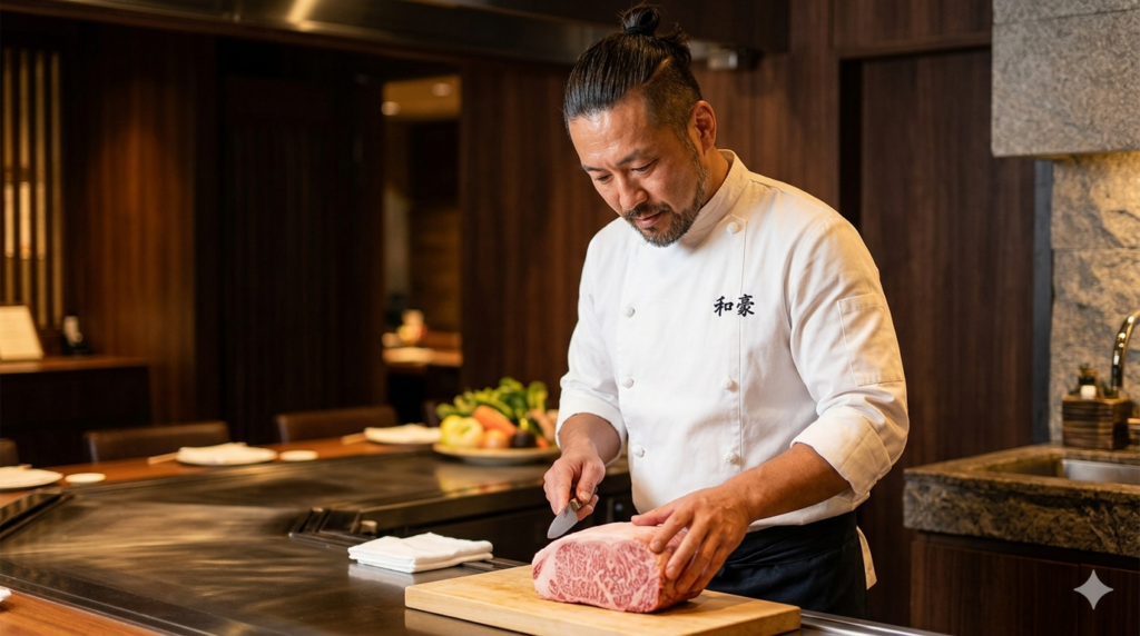 高級感のあるステーキハウスの鉄板の前で、白いコックコートを着てマンバンスタイルの髪型にヒゲを蓄えたシェフが、真剣な眼差しで大きな霜降り和牛をカットしている様子。背景には新鮮な野菜が並び、落ち着いた和モダンの内装が広がっている。
