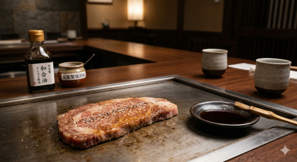 高級感のある鉄板焼カウンターで、厚切りの和牛ステーキがじっくりと焼かれている様子。鉄板の脇には自家製の出し醤油のボトルと塩胡椒の小瓶が置かれ、落ち着いた和の雰囲気が漂う店内のアイキャッチ画像。