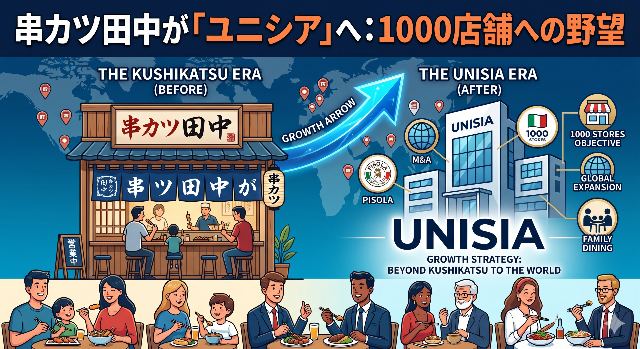 和豪のブログ記事用アイキャッチ。「串カツ田中」から新社名「ユニシア」への移行と、1000店舗を目指す成長戦略を視覚的に解説するイラスト。左の「串カツ田中（KUSHIKATSU ERA）」から右の「UNISIA（UNISIA ERA）」へ向かう大きな青い成長矢印（GROWTH ARROW）が特徴。右側の「UNISIA」のロゴ周辺には、買収したイタリアン「PISOLA」、M&A戦略、1000店舗目標、世界展開、ファミリー層重視を象徴するアイコンが配置され、下部には様々な料理を楽しむ多様な顧客のイラストがある。最上部に「串カツ田中が「ユニシア」へ：1000店舗への野望」という日本語タイトル付き。