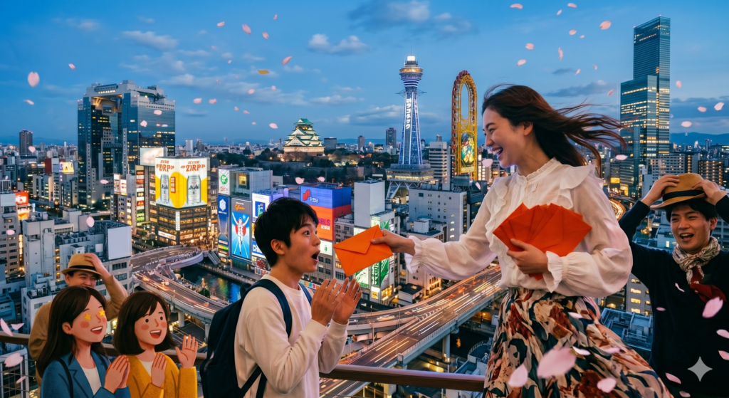 2026年の大阪を舞台にした映画のワンシーン風画像。夕暮れ時の大阪城、通天閣、道頓堀の街並みを背景に、風に髪をなびかせた笑顔の女性が、驚く通行人の男性にオレンジ色の封筒を手渡している様子。桜の花びらが舞い、ゴールデンウィークの華やかな活気を感じさせる雰囲気。