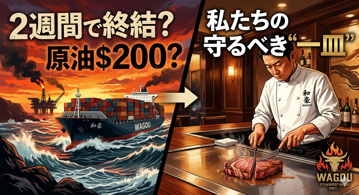 宇宙を飛行するオリオン宇宙船と月・地球のイメージと、ステーキハウス和豪の店内で厚切り肉を丁寧に焼き上げる鉄板料理のシーンを組み合わせたコラージュ画像。中央には「40万キロ先の月を目指す情熱」「和豪の鉄板に向き合う情熱」という文字が配置されている。