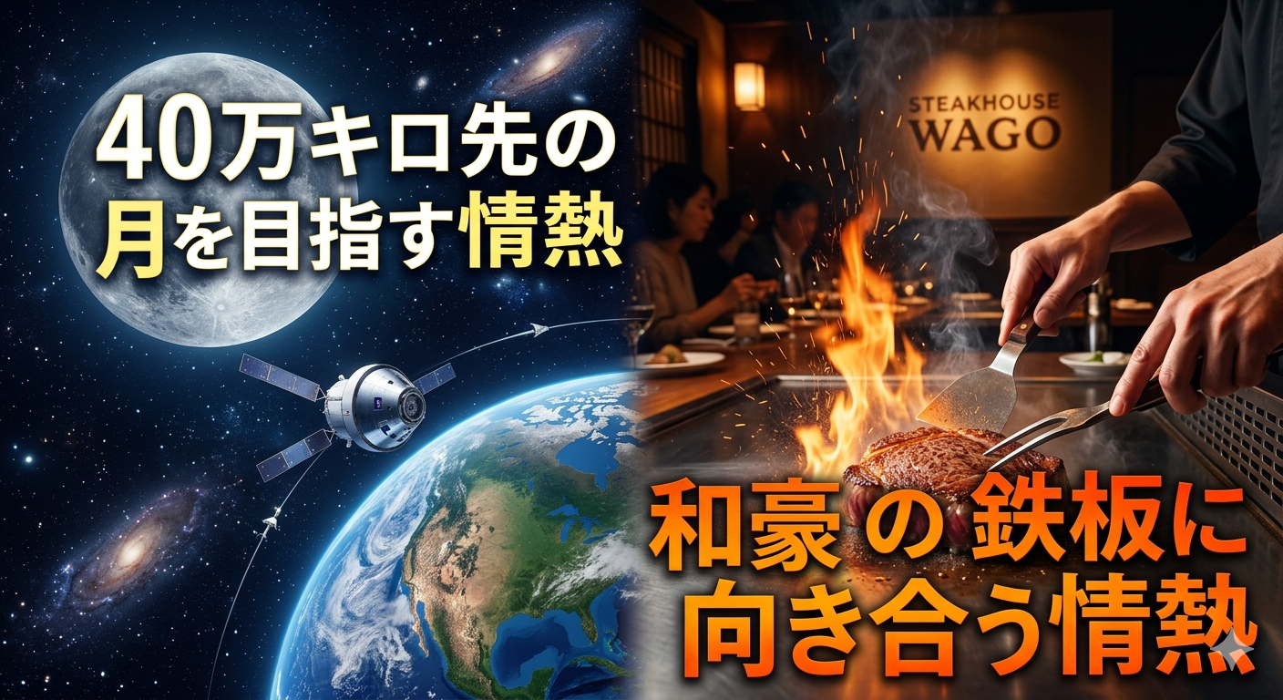 宇宙を飛行するオリオン宇宙船と月・地球のイメージと、ステーキハウス和豪の店内で厚切り肉を丁寧に焼き上げる鉄板料理のシーンを組み合わせたコラージュ画像。中央には「40万キロ先の月を目指す情熱」「和豪の鉄板に向き合う情熱」という文字が配置されている。