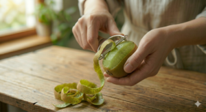 木目調のテーブルの上で、ピーラーを使ってキウイフルーツの皮を縦方向に薄く剥いている手元のアップ写真。剥かれた皮が長くつながり、横にはスライスされた新鮮なキウイが添えられている様子。