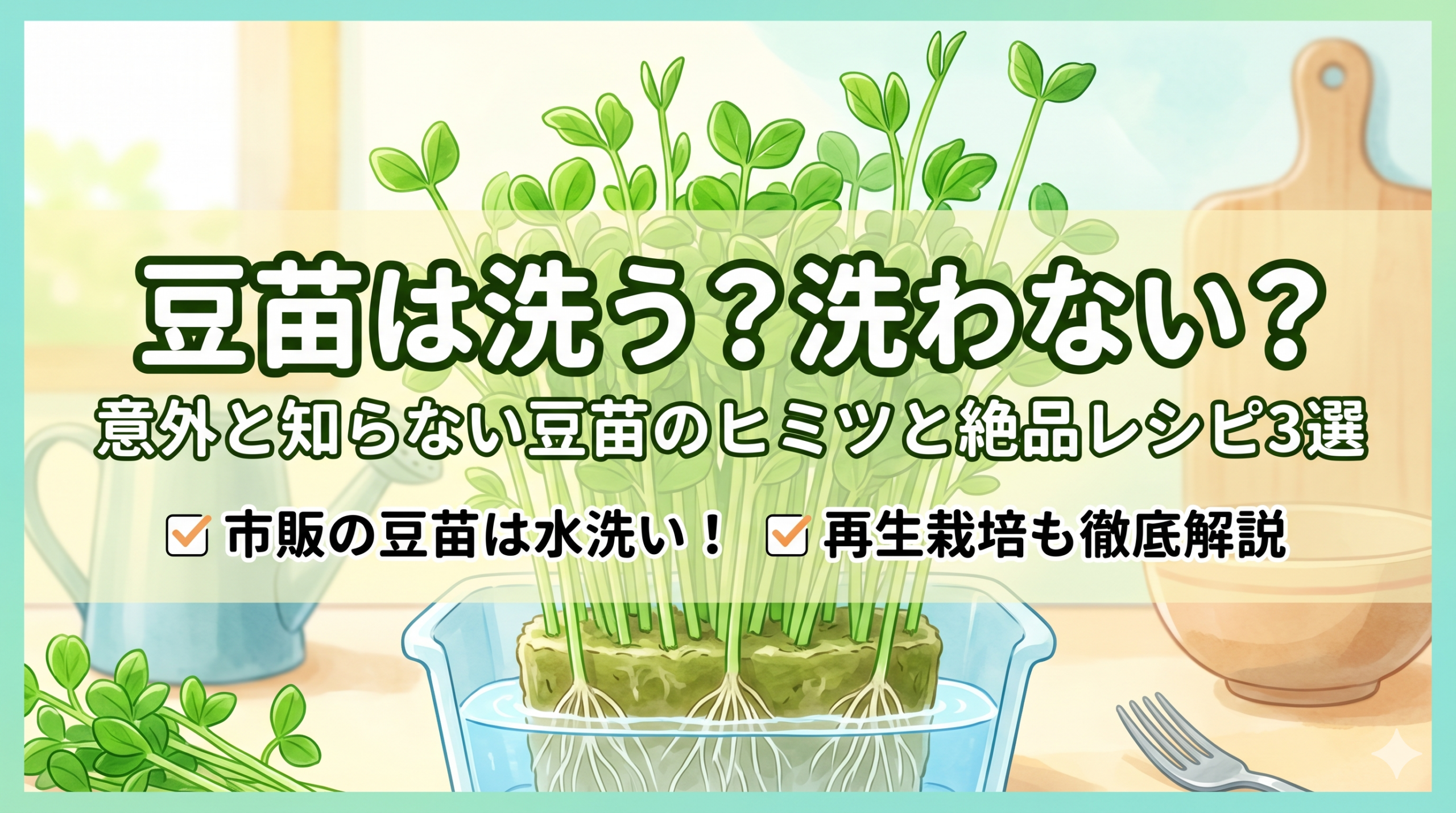 明るいキッチンで再生栽培されている豆苗のイラスト。中央に「豆苗は洗う？洗わない？意外と知らない豆苗のヒミツと絶品レシピ3選」というタイトル文字があり、下部には「市販の豆苗は水洗い！」「再生栽培も徹底解説」というポイントが記載されています。背景には水差しやボウルが置かれ、清潔感のある柔らかな雰囲気の画像です。