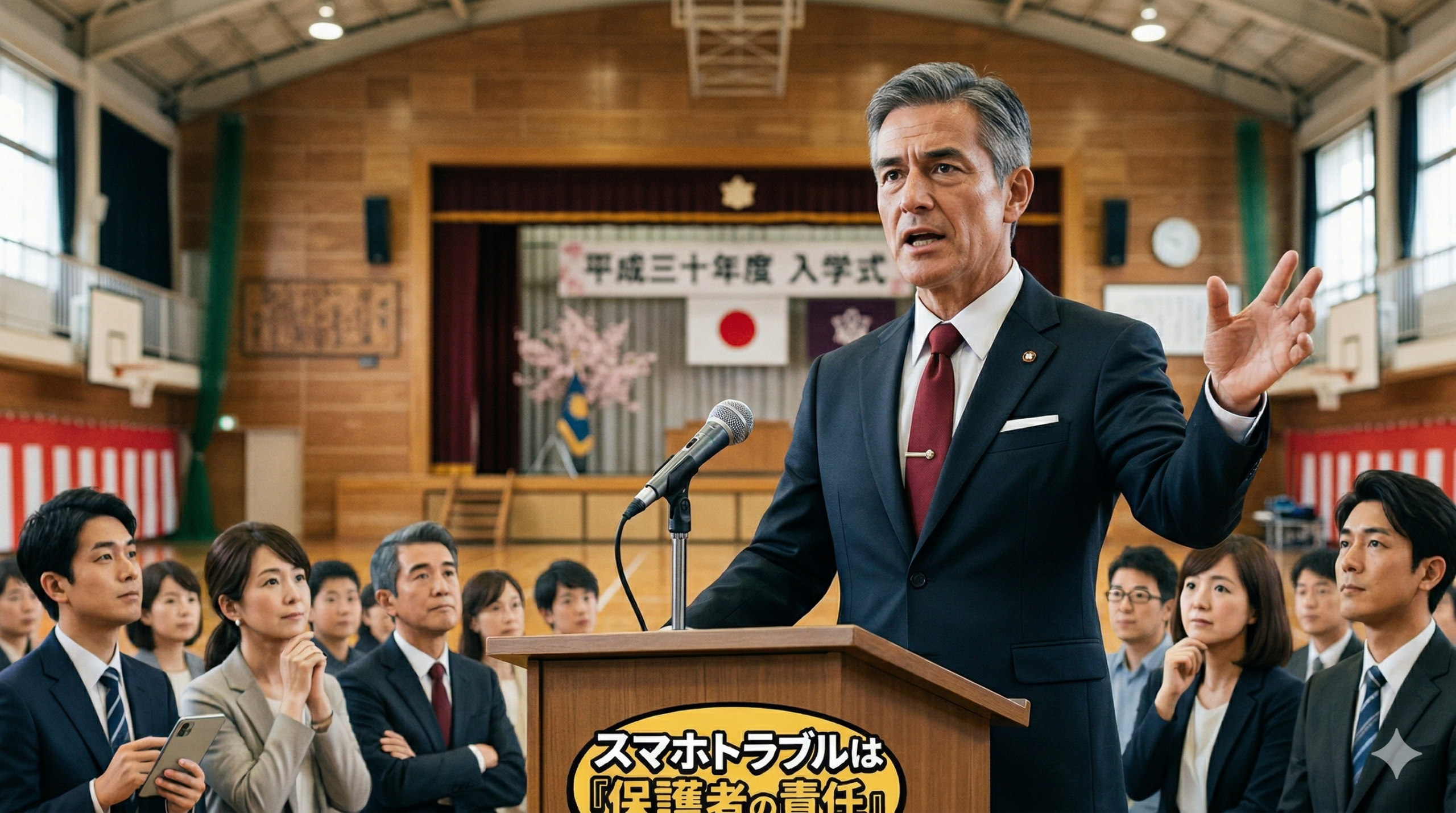 中学校の体育館で、スーツ姿の校長がマイクの前で熱弁を振るっている様子。背景には「平成三十年度 入学式」の横断幕。手前の観客席には、真剣な表情で話を聞く保護者たちが座っている。画面下部には「スマホトラブルは「保護者の責任」」と書かれた吹き出しが配置されている。