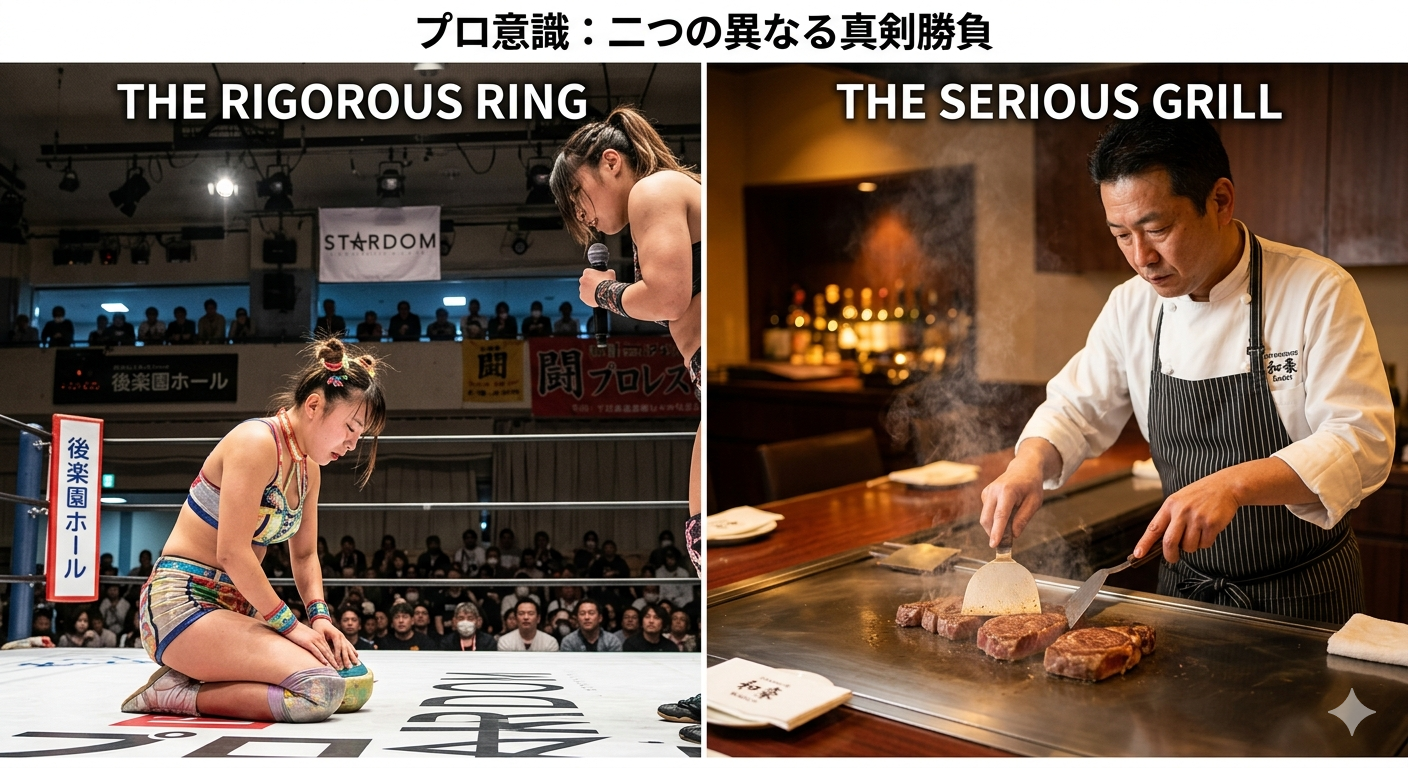 プロレスのリング上で神妙に正座するフワちゃんと、ステーキハウス和豪の鉄板前で真剣な表情でお肉を焼くシェフの手元を対比させた分割画像。