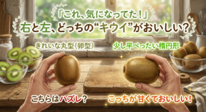 木目のテーブルの上で、人間の両手が左右に異なる形のキウイフルーツを持っている様子を捉えた実写風の画像です。背景には窓があり、窓辺に置かれたボウルにはカットされたキウイや丸ごとのキウイが並んでいます。 画像上部には、「『これ、気になってた！』右と左、どっちの“キウイ”がおいしい？」という大きな見出しと、その下に小さな文字で「きれいな丸型（卵型）」と「少し平べったい楕円形」と書かれています。 左手はきれいな卵型のキウイを持っており、その下に「こちらはハズレ？」と書かれています。右手は少し潰れたような平べったい楕円形のキウイを持っており、そのキウイはキラキラと輝いています。その下に「こっちが甘くておいしい！」と書かれています。