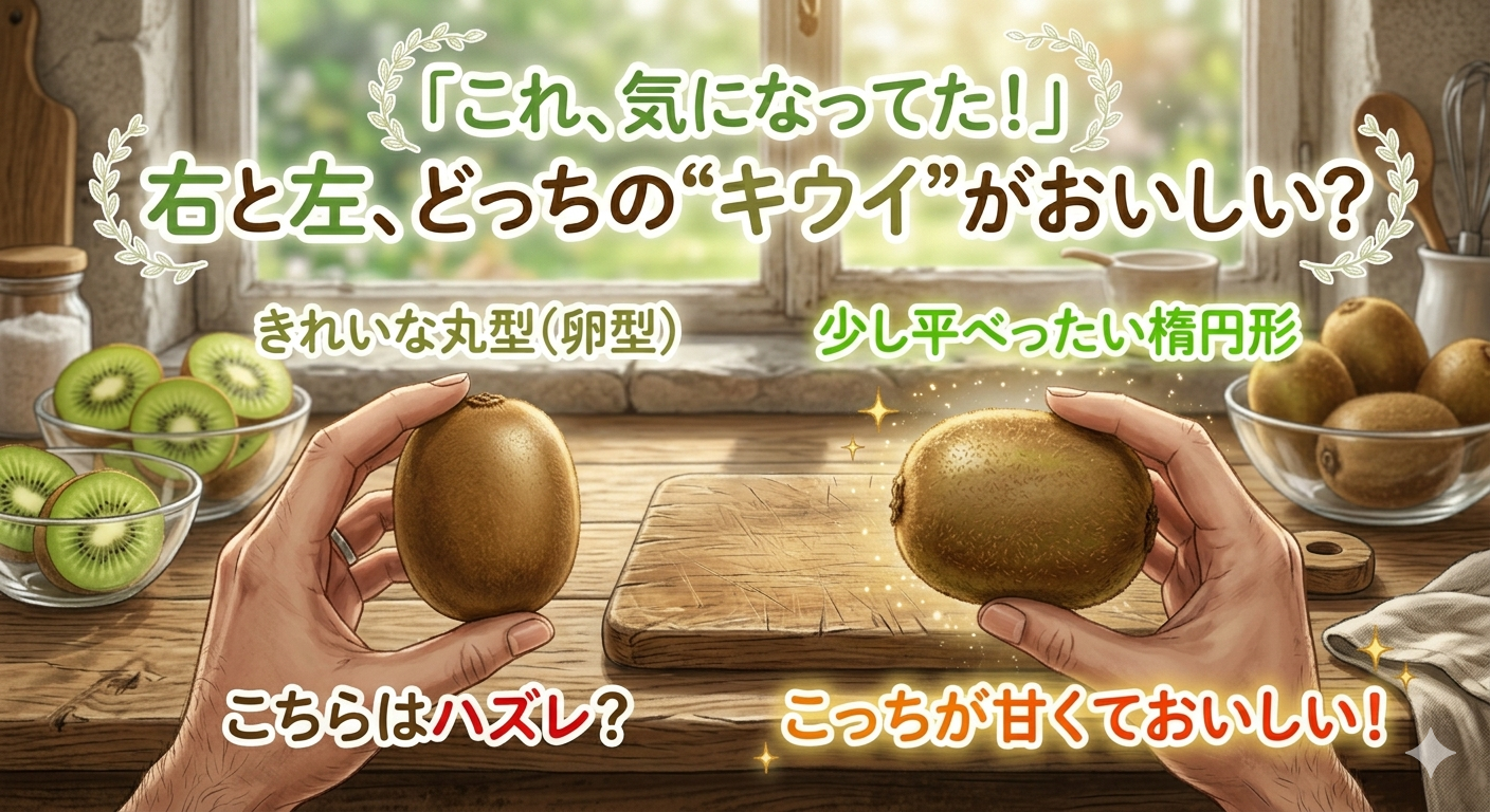 木目のテーブルの上で、人間の両手が左右に異なる形のキウイフルーツを持っている様子を捉えた実写風の画像です。背景には窓があり、窓辺に置かれたボウルにはカットされたキウイや丸ごとのキウイが並んでいます。 画像上部には、「『これ、気になってた！』右と左、どっちの“キウイ”がおいしい？」という大きな見出しと、その下に小さな文字で「きれいな丸型（卵型）」と「少し平べったい楕円形」と書かれています。 左手はきれいな卵型のキウイを持っており、その下に「こちらはハズレ？」と書かれています。右手は少し潰れたような平べったい楕円形のキウイを持っており、そのキウイはキラキラと輝いています。その下に「こっちが甘くておいしい！」と書かれています。