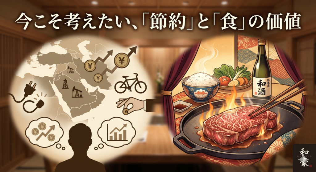 今こそ考えたい、「節約」と「食」の価値という文字が入った、ステーキハウス和豪のブログ用アイキャッチ画像。左側には中東の地図、原油、物価上昇のグラフなど社会情勢を象徴するイラストが描かれ、右側には鉄板で焼かれるジューシーな厚切りステーキと和酒、炊きたてのご飯が対比的に描かれています。背景は高級感のある和風の店内の雰囲気です。