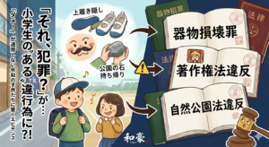 「それ、犯罪？」小学生の日常行動と法律の罪名を対比させたイラスト。上履き隠しから器物損壊罪、公園の石持ち帰りから自然公園法違反など、子供の「あるある」が法的にどう定義されるかを分かりやすく図解。ステーキハウス和豪のロゴ入り。