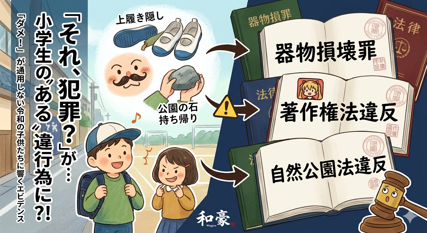 「それ、犯罪？」小学生の日常行動と法律の罪名を対比させたイラスト。上履き隠しから器物損壊罪、公園の石持ち帰りから自然公園法違反など、子供の「あるある」が法的にどう定義されるかを分かりやすく図解。ステーキハウス和豪のロゴ入り。