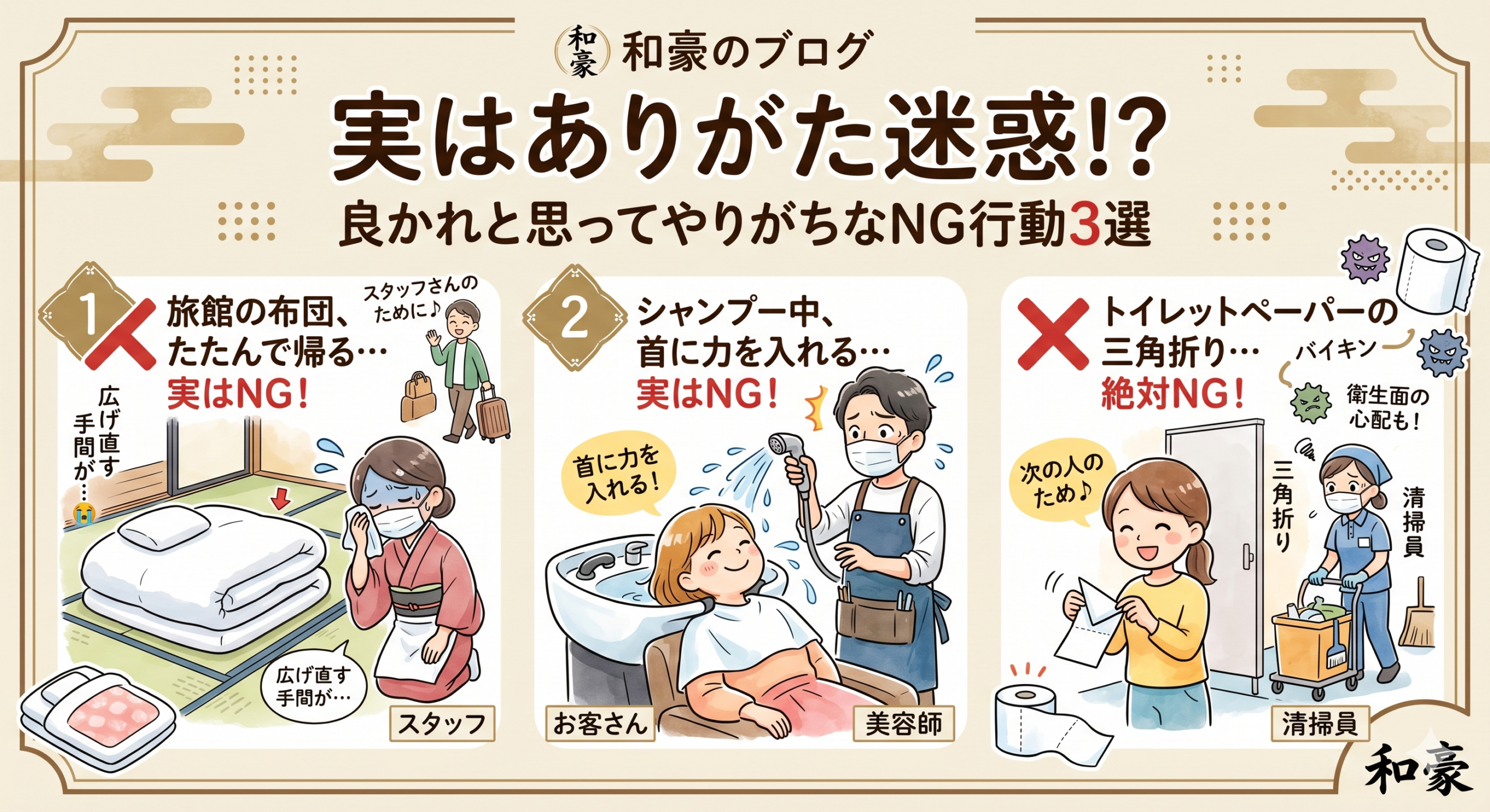 実はありがた迷惑なNGマナー3選（旅館の布団・美容室のシャンプー・トイレの三角折り）の解説イラスト