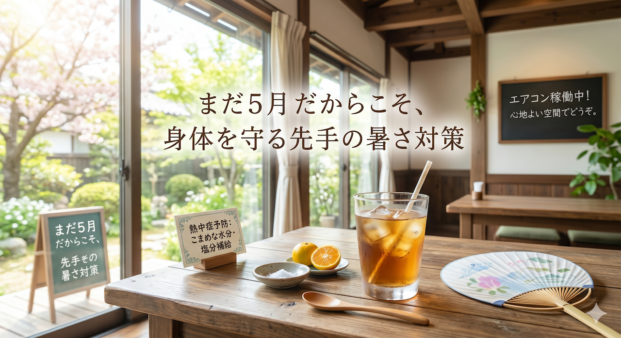 和モダンな雰囲気のカフェ。 木製のテーブルの上には、氷がたっぷり入った麦茶のグラス、みかん、塩の小皿、うちわが並んでいる。 窓からは新緑の庭園が見える。 画像の中央には「まだ5月だからこそ、身体を守る先手の暑さ対策」というブログ記事のタイトルが配置されている。