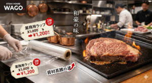 「厨房で業務用ラップを扱う手元と、価格高騰の波を表現した値札、そして調理中のステーキを並べたステーキハウス和豪のイメージ画像」