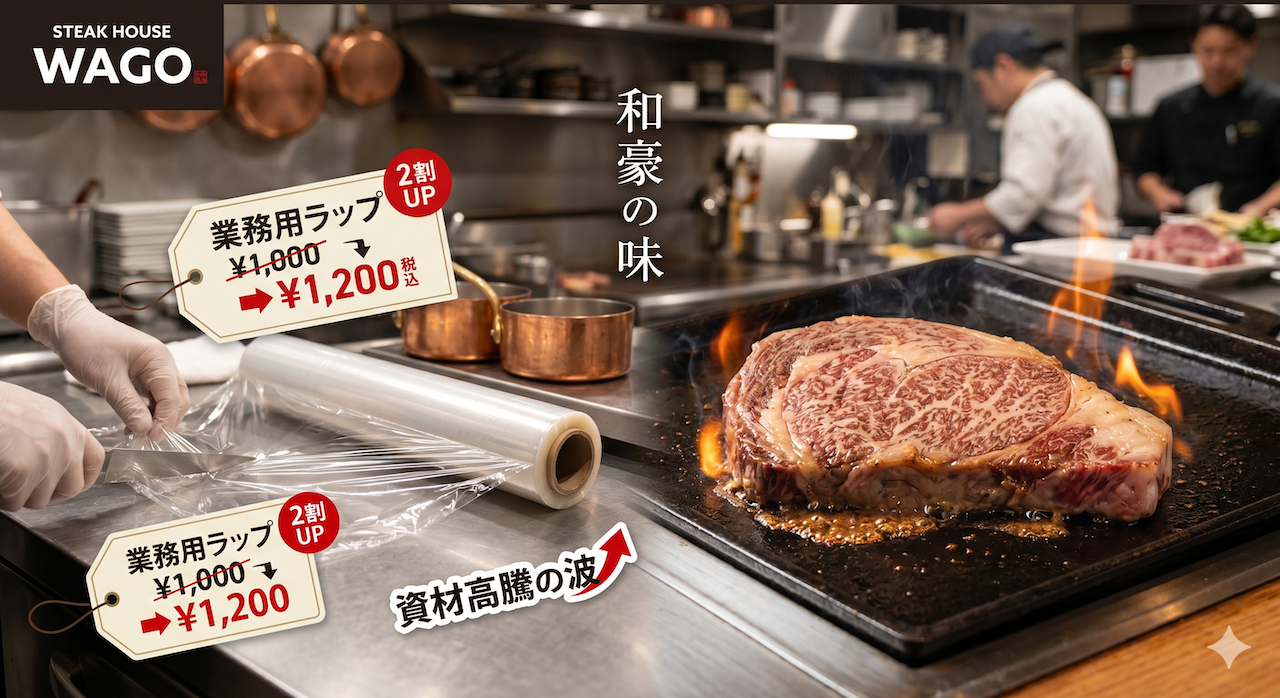 「厨房で業務用ラップを扱う手元と、価格高騰の波を表現した値札、そして調理中のステーキを並べたステーキハウス和豪のイメージ画像」