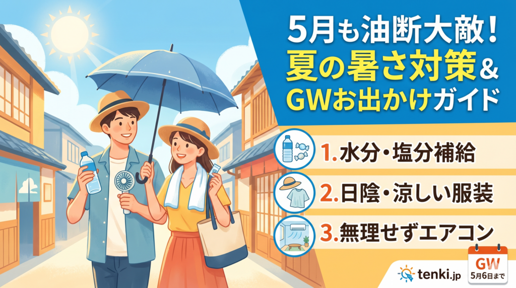 5月の熱中症対策とGWのお出かけガイドを紹介するインフォグラフィック画像。青空の下、日傘を差し、ハンディファンや飲料水を持って和風の街並みを歩く男女のイラストが描かれています。右側には「5月も油断大敵！夏の暑さ対策＆GWお出かけガイド」という見出しとともに、1.水分・塩分補給、2.日陰・涼しい服装、3.無理せずエアコン、という3つの重要ポイントがアイコン付きで分かりやすくまとめられています。右下には「GW 5月6日まで」のカレンダーアイコンも配置されています。