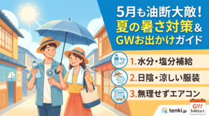 5月の熱中症対策とGWのお出かけガイドを紹介するインフォグラフィック画像。青空の下、日傘を差し、ハンディファンや飲料水を持って和風の街並みを歩く男女のイラストが描かれています。右側には「5月も油断大敵！夏の暑さ対策＆GWお出かけガイド」という見出しとともに、1.水分・塩分補給、2.日陰・涼しい服装、3.無理せずエアコン、という3つの重要ポイントがアイコン付きで分かりやすくまとめられています。右下には「GW 5月6日まで」のカレンダーアイコンも配置されています。