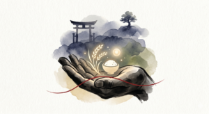 和紙のような質感の背景に、墨絵と水彩画のタッチで描かれた象徴的なイラスト。中央には、光を放つ稲穂とご飯茶碗を優しく包み込む大きな掌が描かれています。掌の下には、決して踏み越えてはならない「一線」を象徴する一本の赤い細い線が横切っています。背景には、遠くの山々や鳥居、一本の木が淡