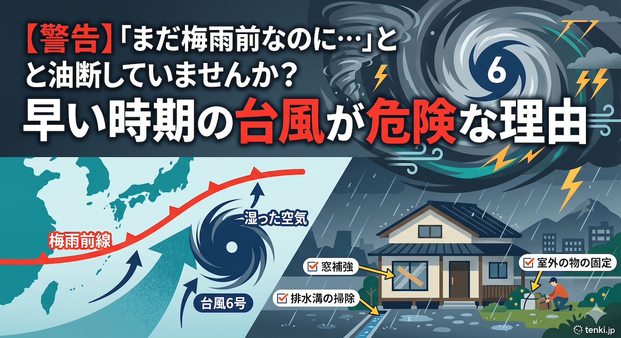 "台風6号と梅雨前線の危険な関係性と、早めに行うべき台風への備え（窓補強・排水溝掃除・室外物の固定）を解説する図解"