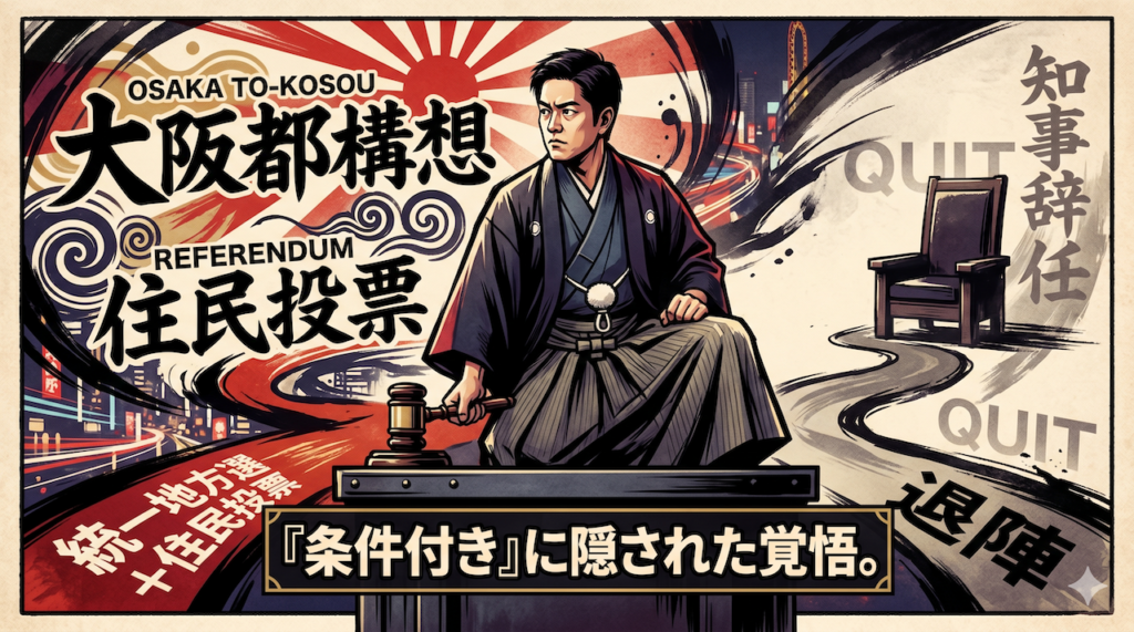 大阪都構想の住民投票と知事辞任・退陣の二者択一を迫る、和装の男性リーダーの力強いイラスト。「『条件付き』に隠された覚悟。」というブログタイトル文字入り。