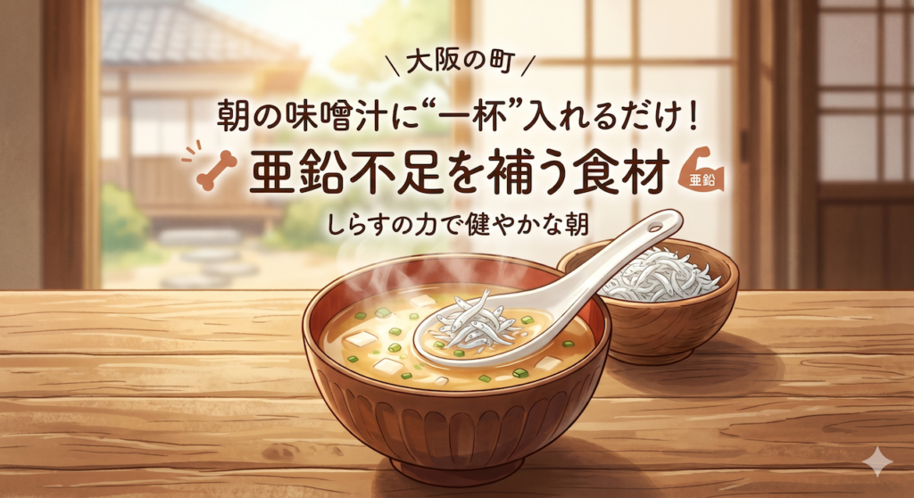 湯気の立つ味噌汁としらすが盛られた小鉢が置かれた朝の食卓のイラスト。上部には『朝の味噌汁に“一杯”入れるだけ！亜鉛不足を補う食材』という文字があり、健康的な朝食を想起させる。