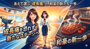 フリーに転身した岩田絵里奈アナウンサーの挑戦と、ステーキハウス和豪の新たな一歩を象徴する、明るい夜明けの光が差し込むスタジオと鉄板焼きステーキの合成イメージ図。
