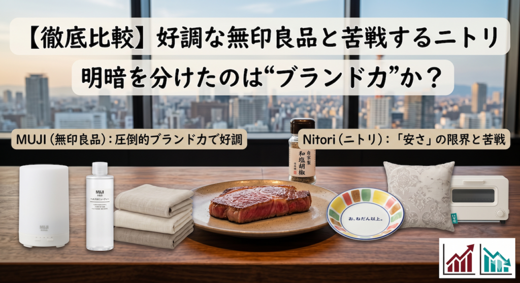 ステーキハウス和豪のカウンターに並ぶ無印良品とニトリの製品。「徹底比較・好調な無印良品と苦戦するニトリ・明暗を分けたのはブランド力か？」というブログ記事のタイトルが入ったアイキャッチ画像