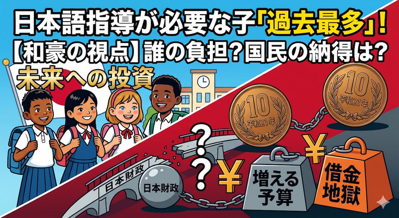 「日本語指導が必要な子『過去最多』！」というタイトルで、日本語を学ぶ多国籍な子どもたち（青い背景）と、増える予算や借金地獄、崩壊する日本財政（赤い背景）を対比させ、誰が負担するのか、国民の納得はあるのかを問うイラスト。