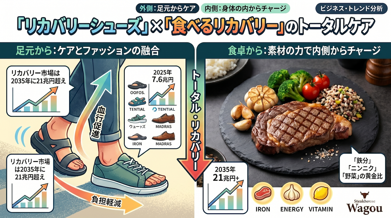 ステーキハウス和豪が提案する「トータル・リカバリー」のすすめをテーマにした、ビジネス・トレンド分析のインフォグラフィック。画面上部には大きなタイトルと「外側：足元からケア」「内側：身体の内からチャージ」のテキストがある。左側の「FOOTWEAR ANALYSIS（フットウェア分析）」セクションはイラストで描かれ、リカバリーサンダルやスニーカーを履いた多様な年齢・性別の人々の足元と、2025年の7.6兆円から2035年の21兆円超へと急成長する市場規模の折れ線グラフが描かれている。右側の「DINING EXPERIENCE（ダイニング体験）」セクションは写真で、ステーキハウス和豪のロゴ入り皿に載ったステーキ、大量のニンニク、ブロッコリー、トマト、雑穀米のコース料理が配置されている。料理の上には、「赤身肉で「鉄分」をチャージ（疲労回復の基本）」「ニンニク（アリシン）で「代謝」を加速（明日への活力）」「彩り野菜で「抗酸化」をプラス（吸収率アップ）」のテキストと栄養素のアイコンが添えられている。中央の赤い下向き矢印は「トータル・リカバリー」のテキストを含み、市場のトレンドが実際の店舗体験へとつながることを示唆している。右上には「ビジネス・トレンド分析」のバッジがある。