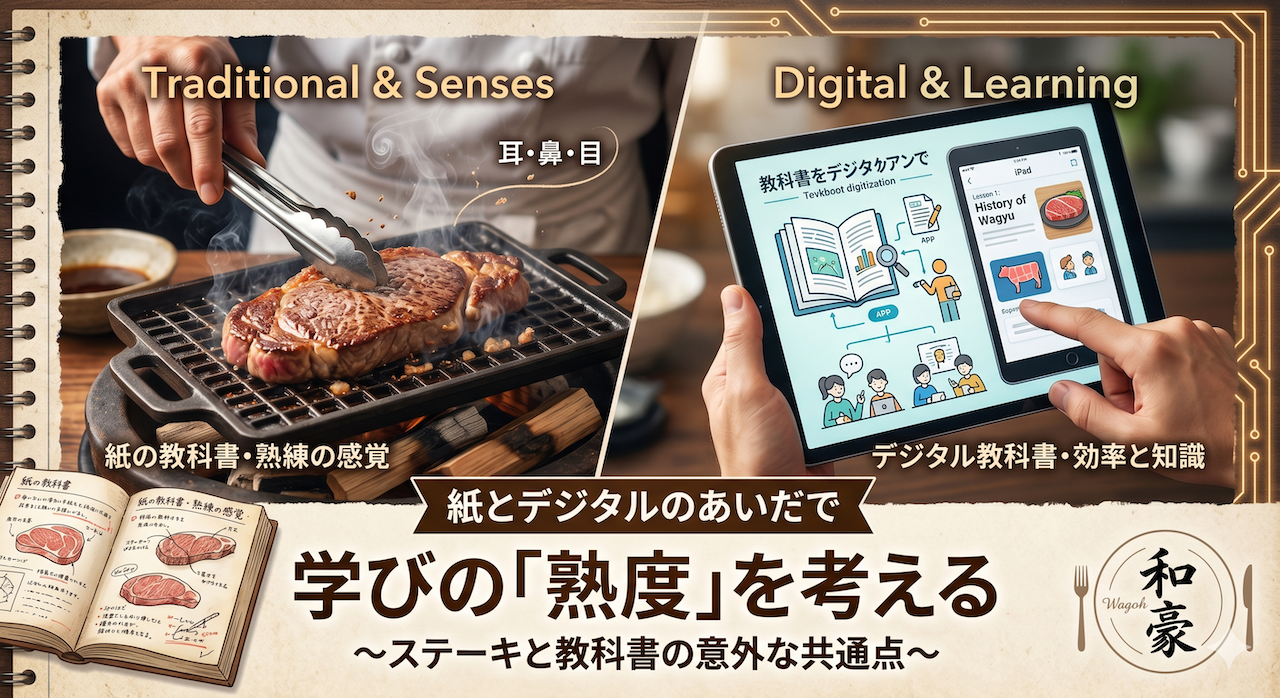 ステーキを調理するシェフの手元と、デジタル教科書を操作するタブレットを対比させた画像。「紙とデジタルのあいだで 学びの『熟度』を考える ～ステーキと教科書の意外な共通点～」というブログ記事のタイトルが記載されている。