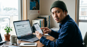 自宅のデスクでスマートフォンに届いた不審なSMSを指差し、警戒した表情を見せる男性。画面には偽の再配達通知が表示されており、傍らのノートパソコンには防犯ブログの執筆画面が映っている様子。
