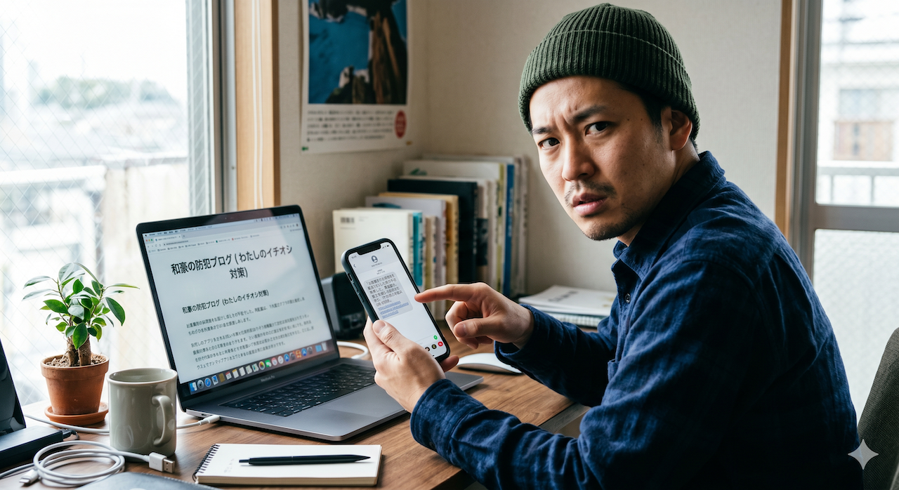 自宅のデスクでスマートフォンに届いた不審なSMSを指差し、警戒した表情を見せる男性。画面には偽の再配達通知が表示されており、傍らのノートパソコンには防犯ブログの執筆画面が映っている様子。