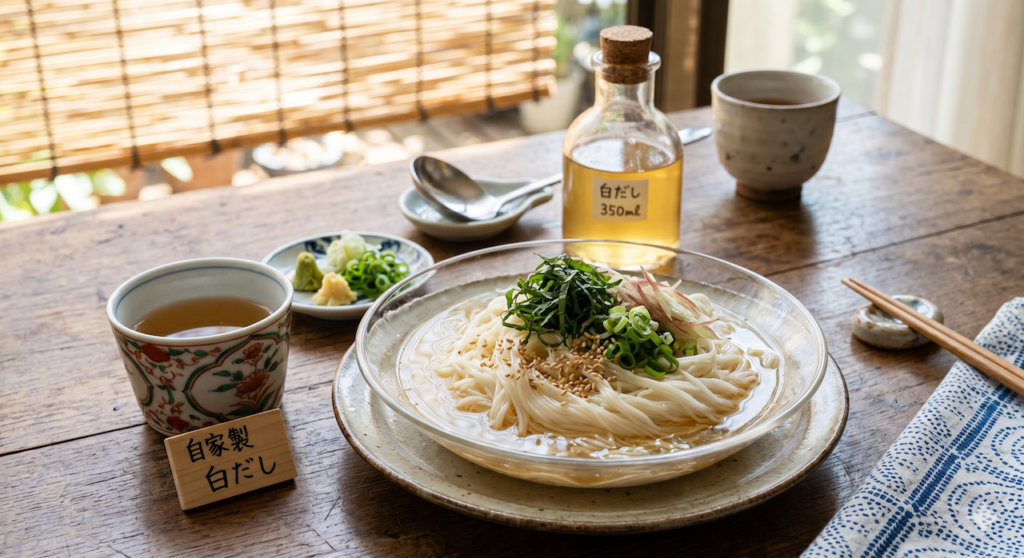 自家製白だしを添えた涼しげなそうめんと薬味、調理用ボトルの食卓風景"