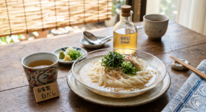 自家製白だしを添えた涼しげなそうめんと薬味、調理用ボトルの食卓風景"