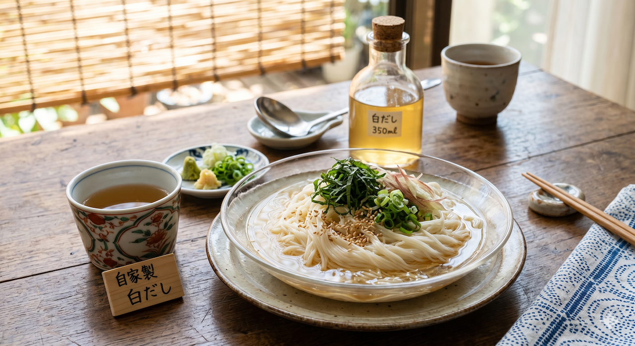 自家製白だしを添えた涼しげなそうめんと薬味、調理用ボトルの食卓風景"