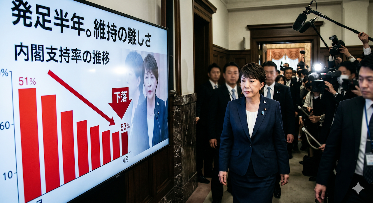 内閣支持率の推移を示す大型スクリーンの前を歩く高市早苗首相の報道写真。スクリーンには「発足半年。維持の難しさ」というタイトルと、支持率が65％から53％へ、12ポイント下落したことを示す赤い棒グラフと下向きの矢印が映し出されている。高市首相は紺のスーツ姿で、厳しい表情で前方を見据えている。周囲にはカメラを向ける報道陣の波とフラッシュが光っている。