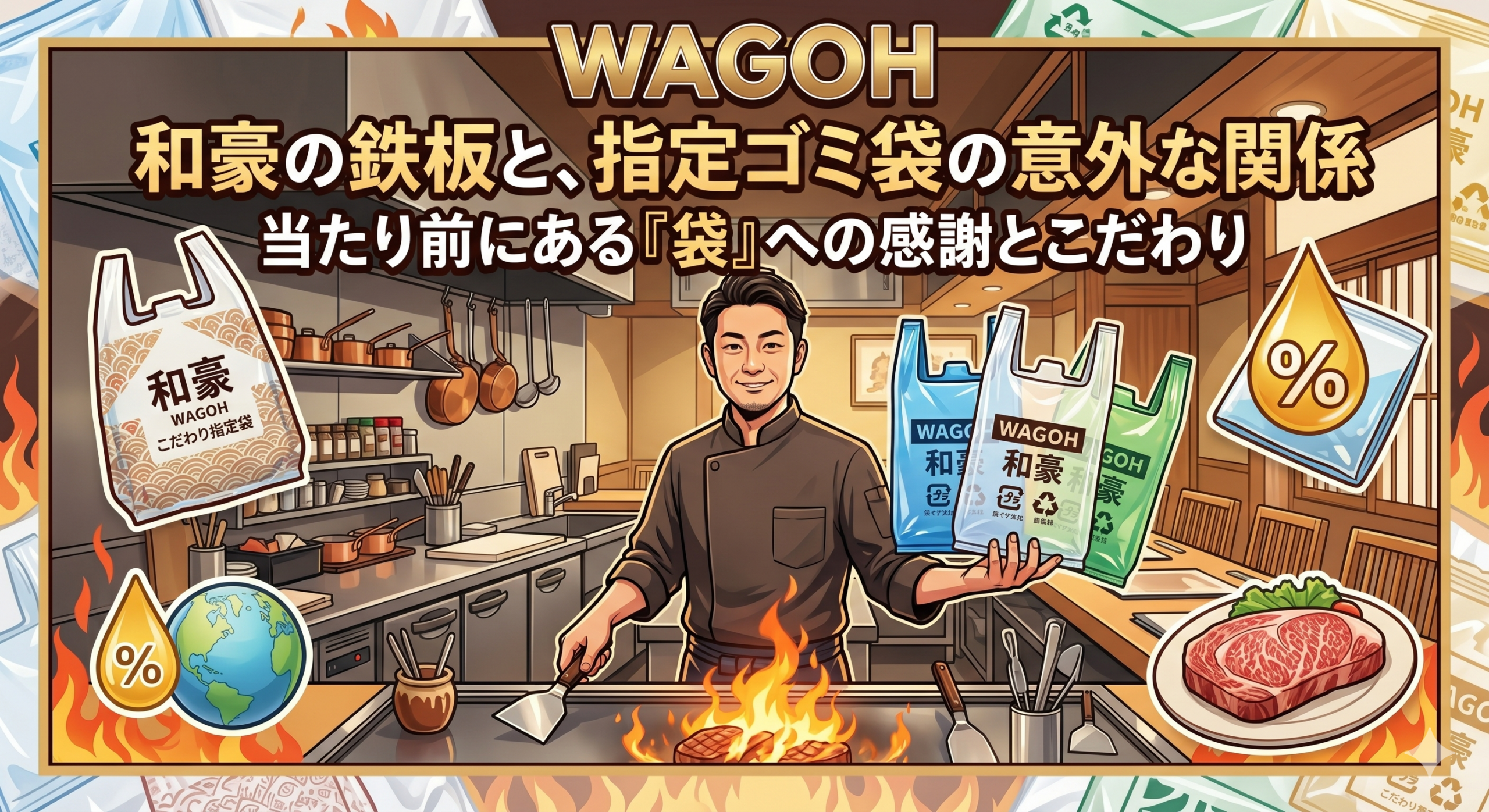 「和豪の鉄板と指定ゴミ袋の意外な関係」というタイトルが入った、シェフとゴミ袋、ステーキ、地球が描かれたポップなアイキャッチ画像