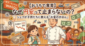 ステーキハウスの厨房で、笑顔のシェフがステーキを手に、女の子がドルマークを持って円安について一緒に考えている温かみのあるイラスト。周囲には円、ドル、飛行機、貨物船などのアイコンと「ステーキハウス WAGOU」の看板、そして「【おうちで食育】なぜ円安って止まらないの？」という大きなタイトルがある。