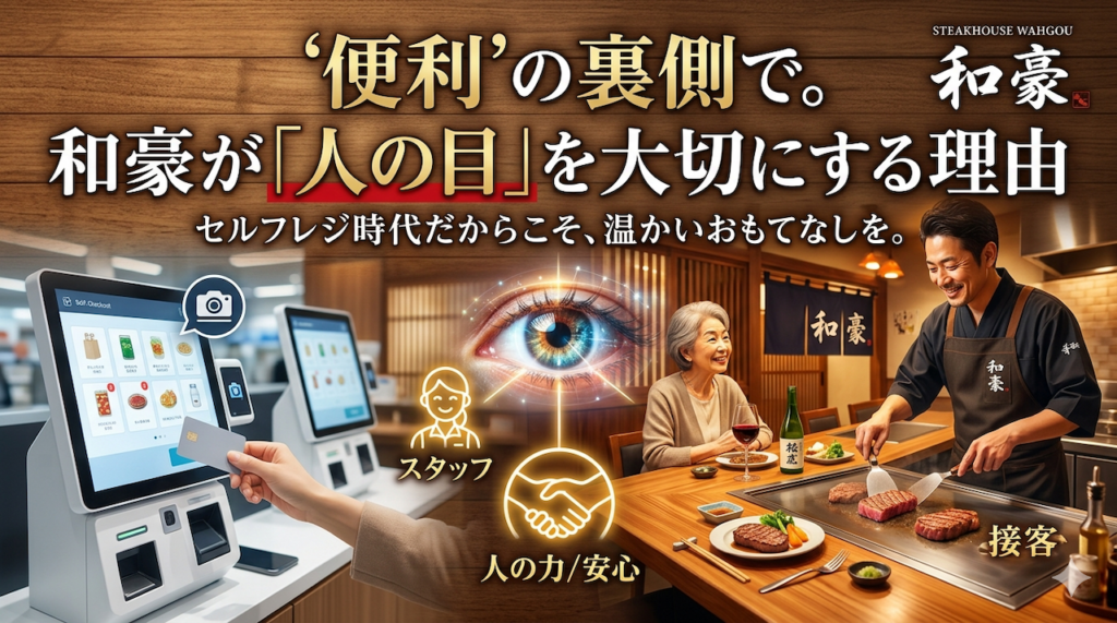 「ステーキハウス和豪のカウンターで、シェフが丁寧にお肉を焼く姿と、セルフレジの利便性を対比させたイメージ図。最新技術の裏側にある『人の目』や『温かい接客』の重要性をテーマにしている。」