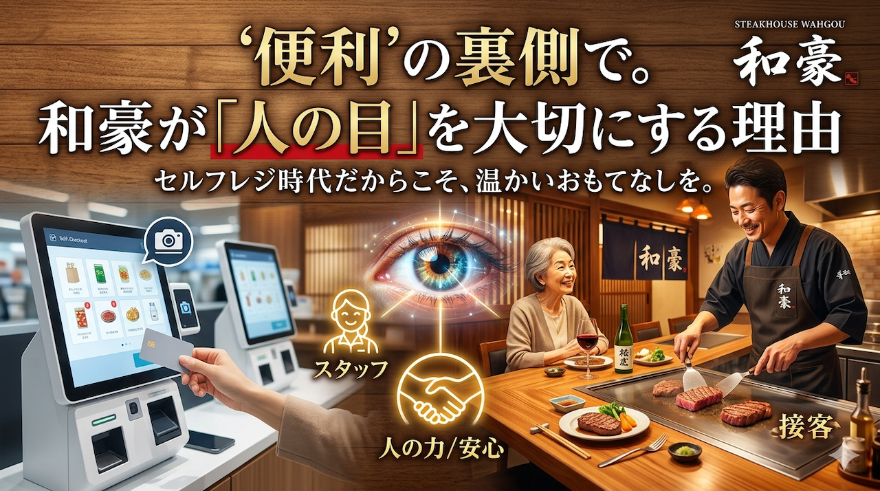「ステーキハウス和豪のカウンターで、シェフが丁寧にお肉を焼く姿と、セルフレジの利便性を対比させたイメージ図。最新技術の裏側にある『人の目』や『温かい接客』の重要性をテーマにしている。」
